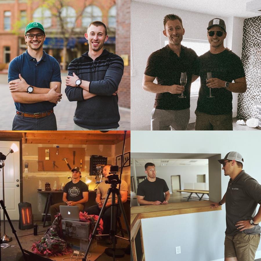 Four separate photos of two men, various locations. 