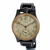 A vintage-style wristwatch with a black strap, black case, and a warm beige dial featuring black Arabic numerals and a small subdial at the 6 o'clock position.
