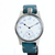 Wristwatch with blue strap and white face on a white background