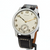 Vintage-style wristwatch with black leather strap on a white background