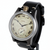 A vintage-style wristwatch with a black strap, silver-toned case, and a distressed cream-colored dial featuring black Roman numerals and hands.