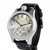 Wristwatch with black leather strap and silver case on a white background