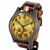 A vintage-style wristwatch with a round gold dial, black Arabic numerals, a gold subdial, and a dark brown leather strap, shown on a plain white background.