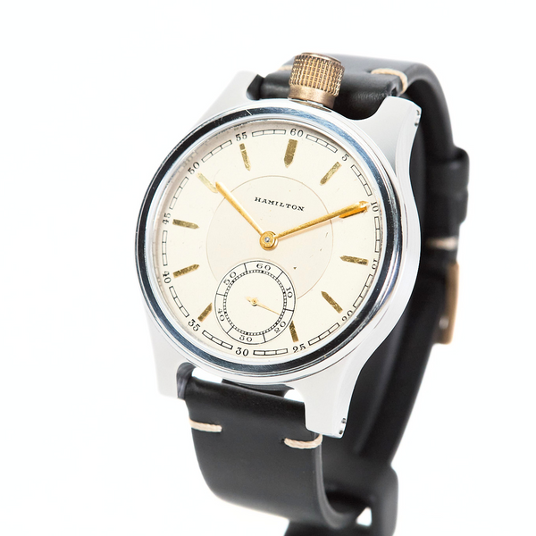 Hamilton watch with black leather strap on a white background