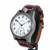A vintage-style wristwatch with a silver-toned metal case, white dial with black Arabic numerals, and a brown leather strap with white stitching, shown on a white background.