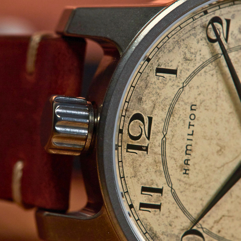 Hamilton watch with a close-up of the face and band