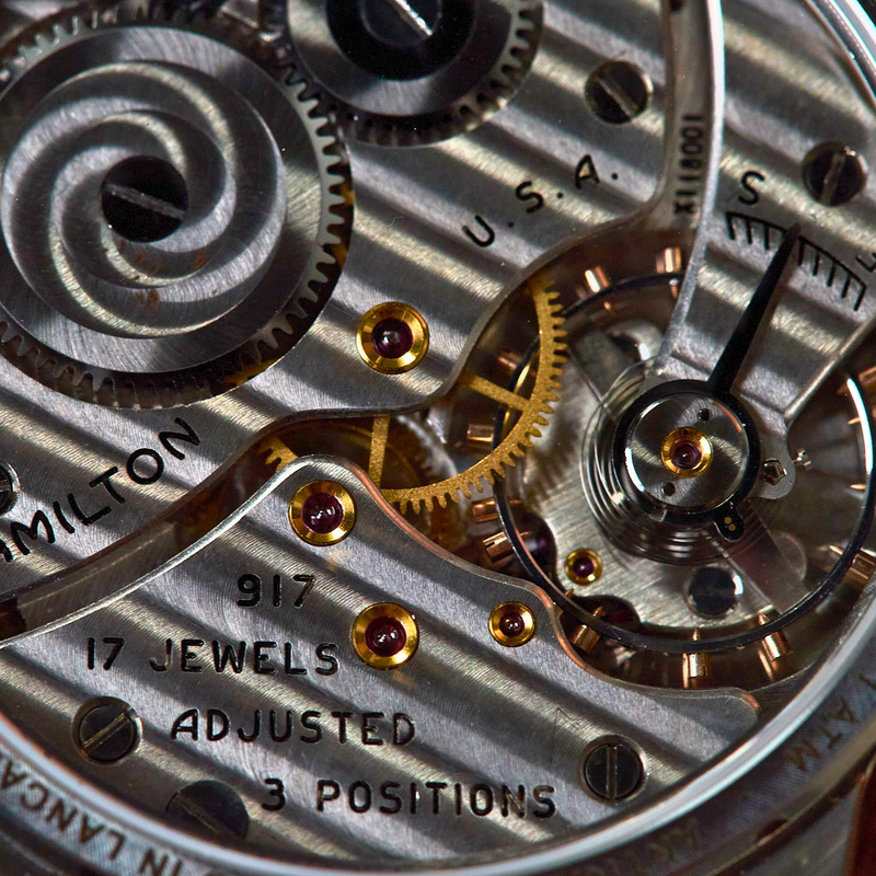 Close-up of a Hamilton watch mechanism with visible branding and specifications.