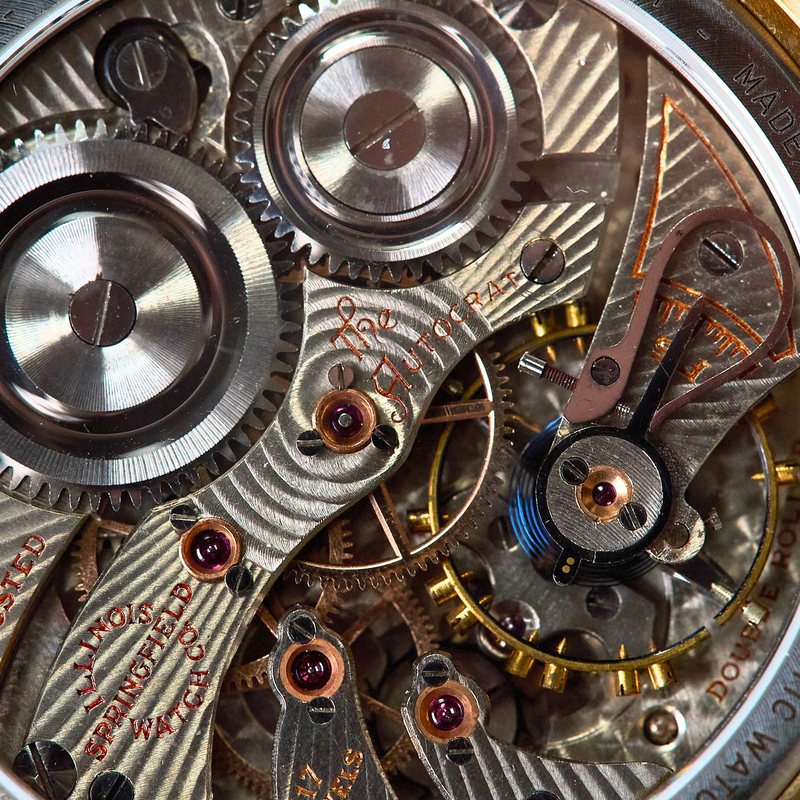 Close-up of a mechanical watch movement with intricate details
